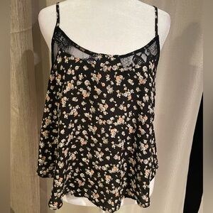 LUSH Floral Lace Trim Cami Top Black Pink Purple Flowers Size M